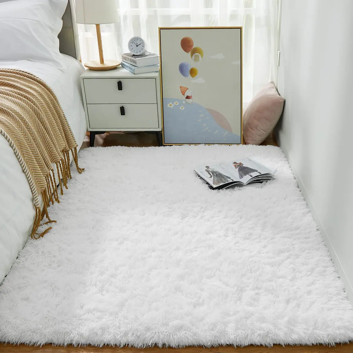 Ophanie White Rugs for Bedroom 4x6 | Fluffy, Soft Fuzzy Shag Plush Rug for Kids & Dorms - view 3