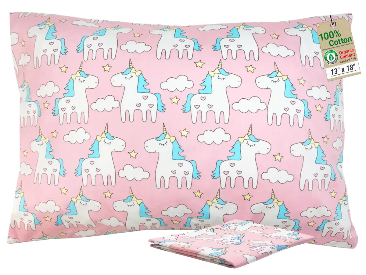 ZPECC Toddler Pillow with Pillowcase 13x18 Organic Cotton Hypoallergenic Pink Unicorn | Baby Essentials for Travel & Nursery - main product image
