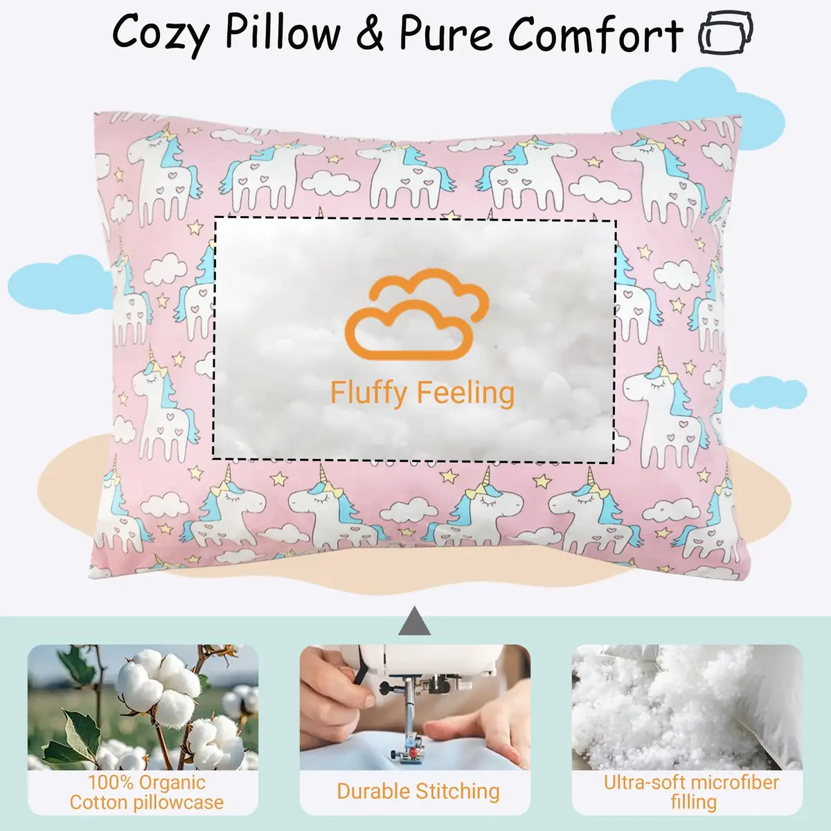ZPECC Toddler Pillow with Pillowcase 13x18 Organic Cotton Hypoallergenic Pink Unicorn | Baby Essentials for Travel & Nursery - view 5