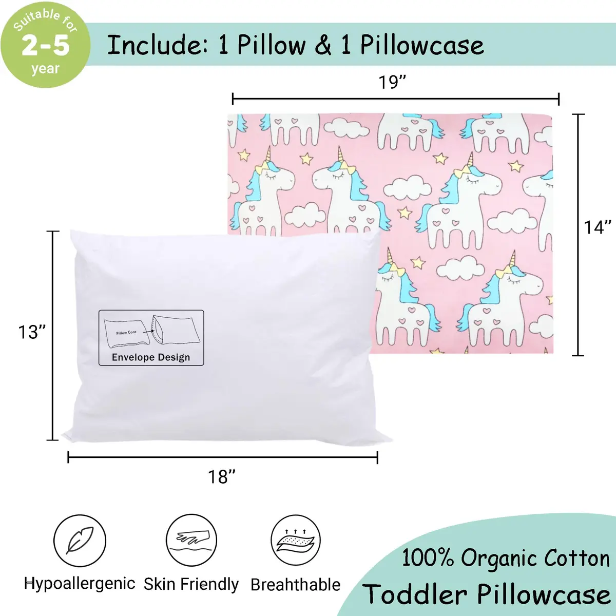 ZPECC Toddler Pillow with Pillowcase 13x18 Organic Cotton Hypoallergenic Pink Unicorn | Baby Essentials for Travel & Nursery - view 2