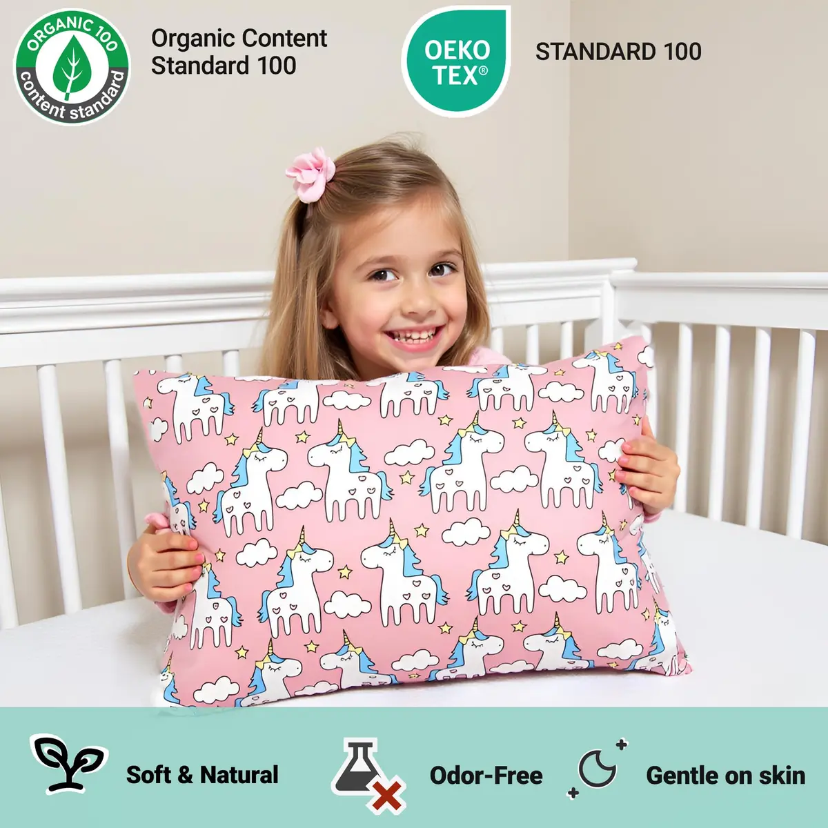 ZPECC Toddler Pillow with Pillowcase 13x18 Organic Cotton Hypoallergenic Pink Unicorn | Baby Essentials for Travel & Nursery - view 3