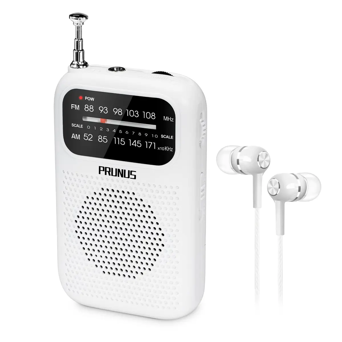PRUNUS J-777 Pocket Radio Portable AM FM Small Personal Radio with Headphone & Speaker (White) - main product image