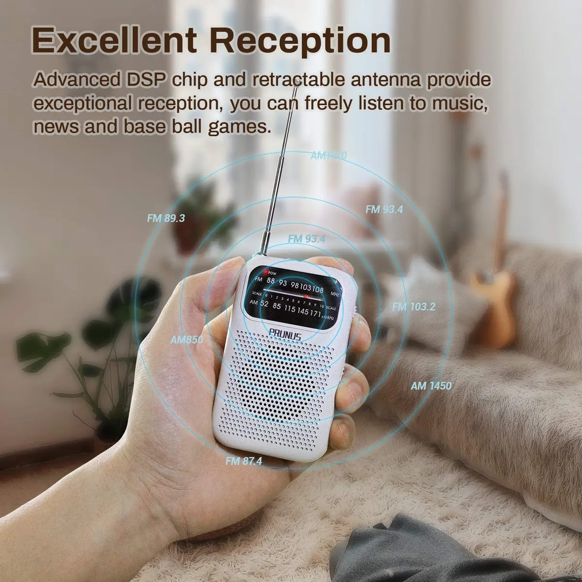 PRUNUS J-777 Pocket Radio Portable AM FM Small Personal Radio with Headphone & Speaker (White) - view 3