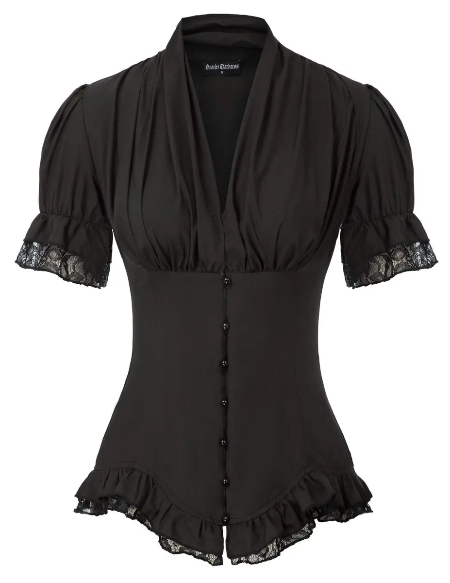 Scarlet Darkness Womens Victorian Blouse Short Sleeve Elegant Fit in Black | Ruffled & Adjustable Fit - main product image