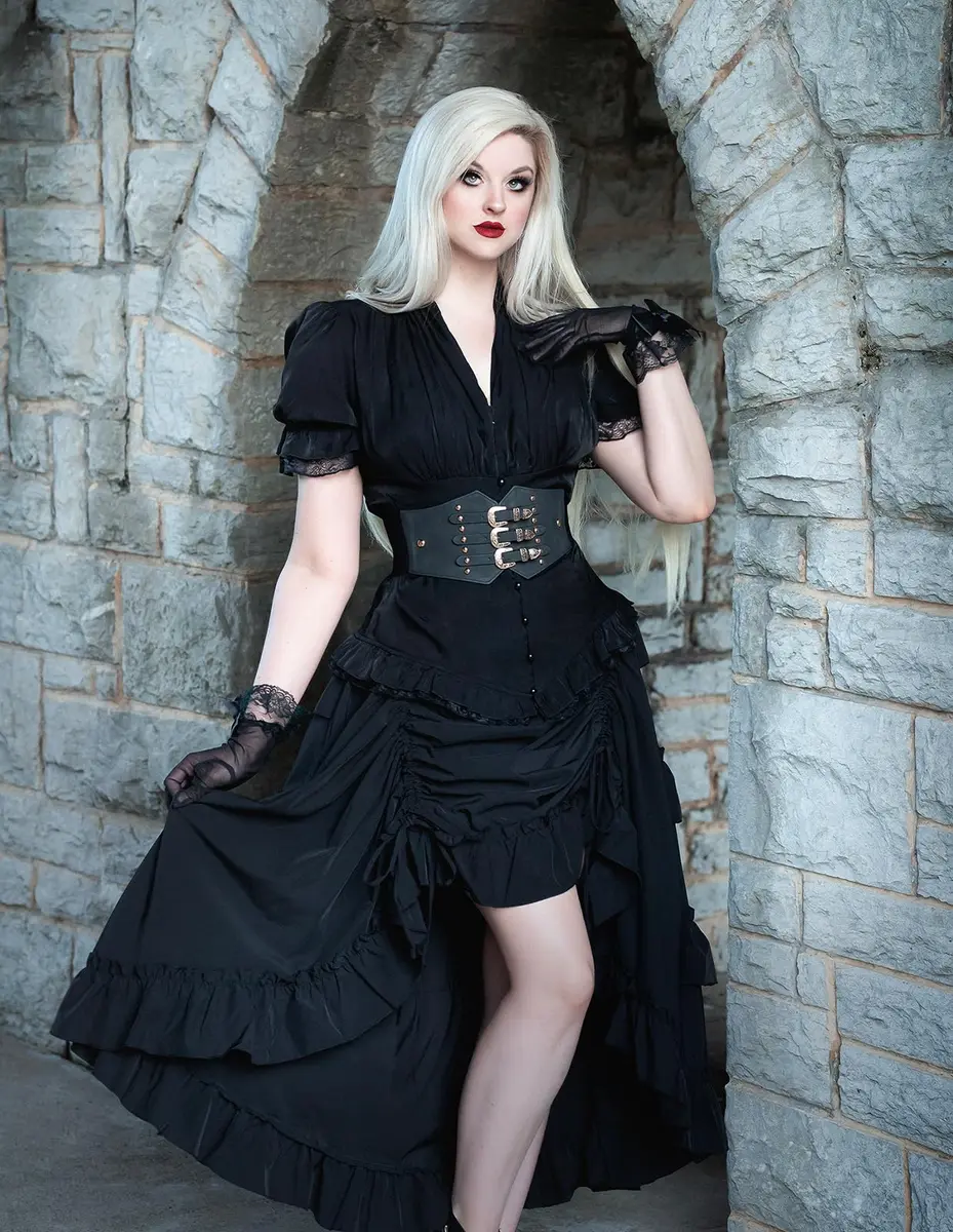 Scarlet Darkness Womens Victorian Blouse Short Sleeve Elegant Fit in Black | Ruffled & Adjustable Fit - view 5