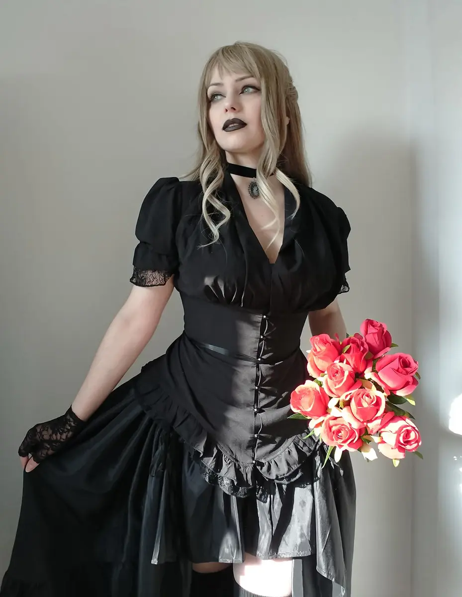 Scarlet Darkness Womens Victorian Blouse Short Sleeve Elegant Fit in Black | Ruffled & Adjustable Fit - view 6