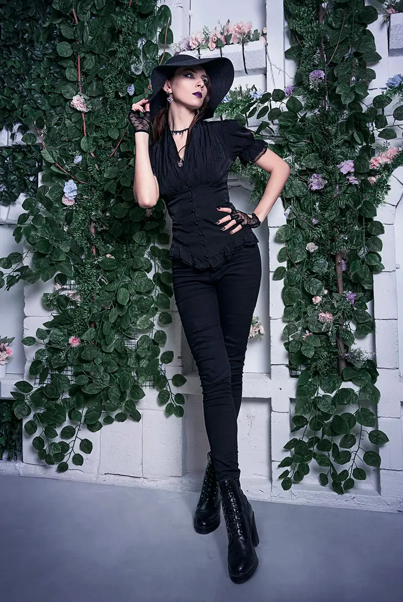 Scarlet Darkness Womens Victorian Blouse Short Sleeve Elegant Fit in Black | Ruffled & Adjustable Fit - view 8