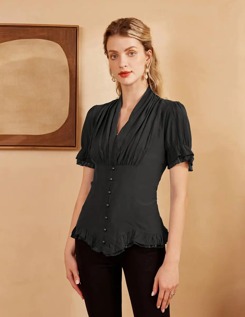 Scarlet Darkness Womens Victorian Blouse Short Sleeve Elegant Fit in Black | Ruffled & Adjustable Fit - view 3