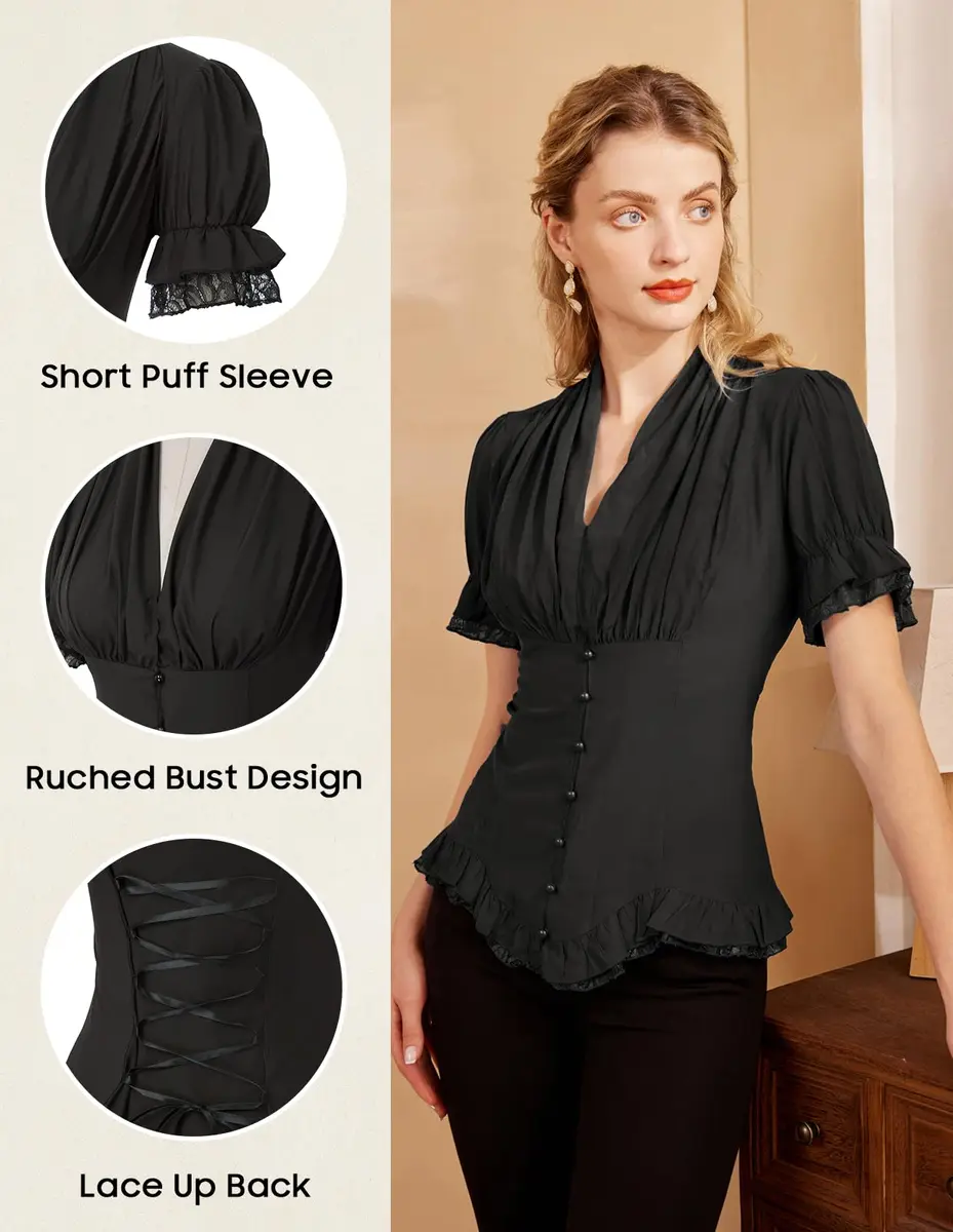 Scarlet Darkness Womens Victorian Blouse Short Sleeve Elegant Fit in Black | Ruffled & Adjustable Fit - view 4