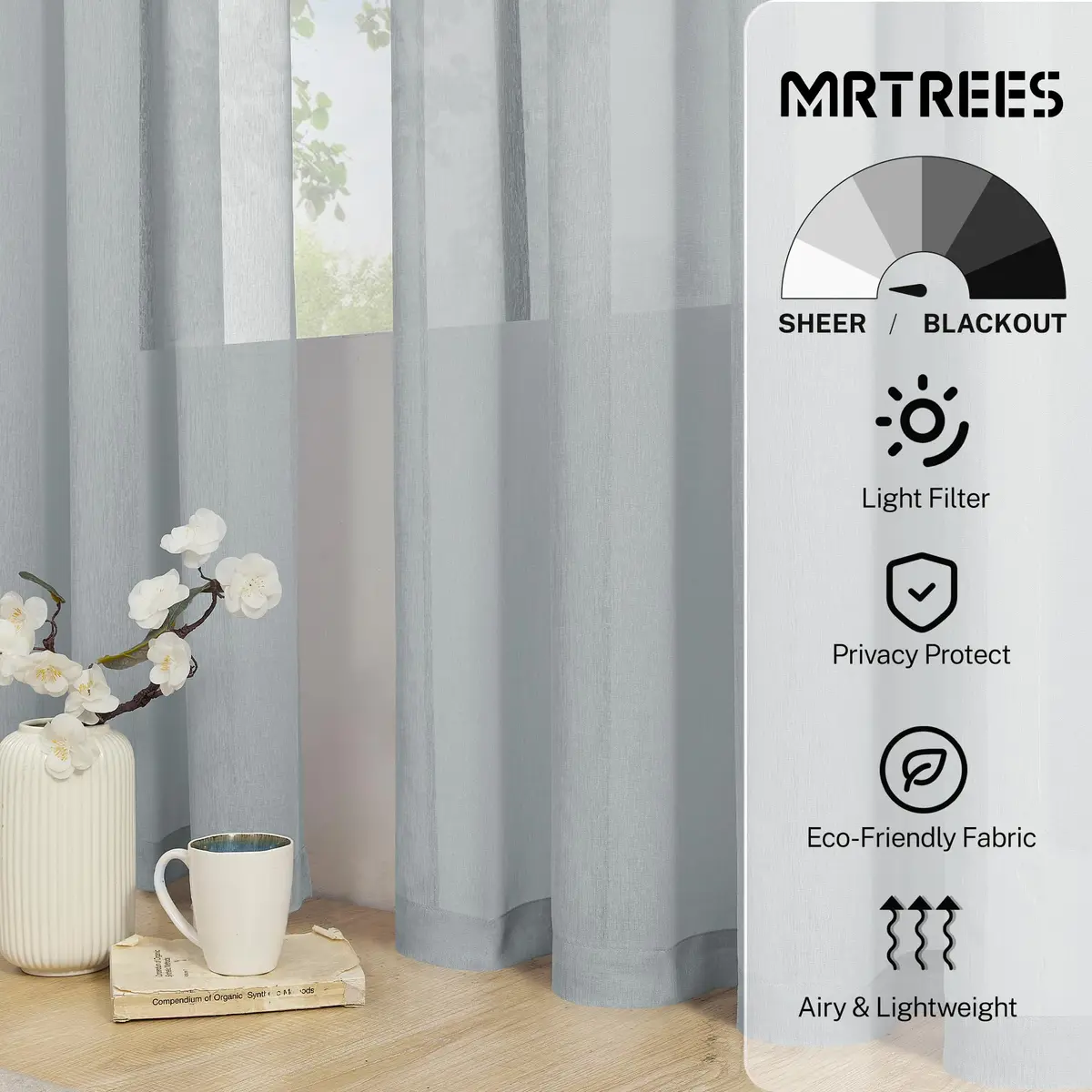 MRTREES Sheer Tier Curtains Grey 25"W x 30"L | Light Filtering Voile Sheers for Kitchen & Bathroom - view 2