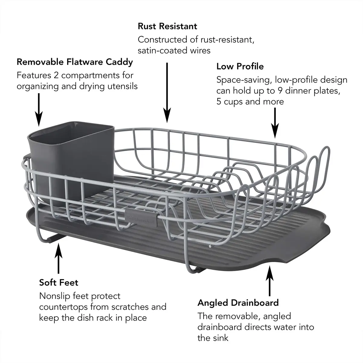 KitchenAid Low Profile Carbon Steel Dishrack | Compact, Charcoal Finish, Drains into Sink - view 4