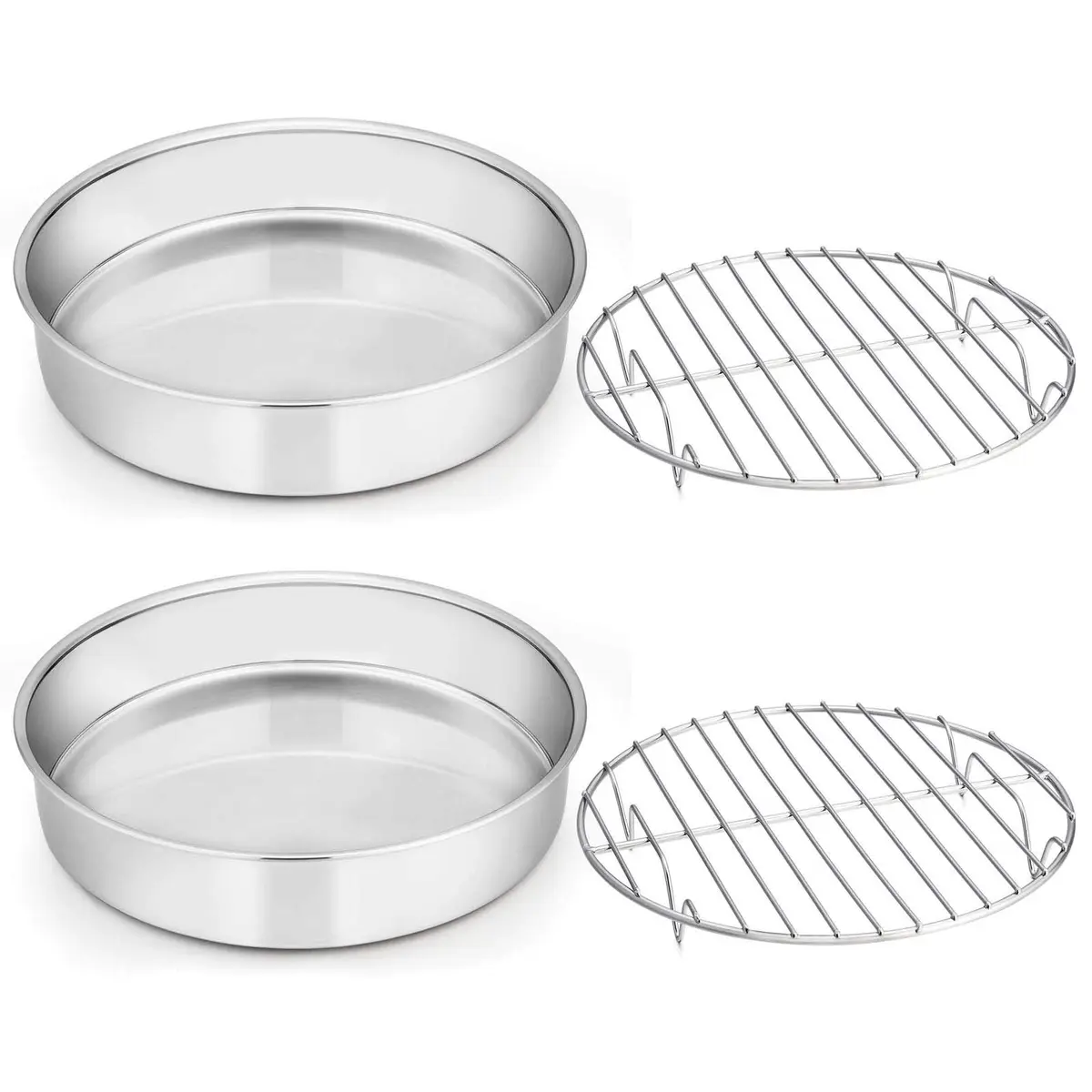 E-far 9½-inch Cake Pan with Rack Set, Stainless Steel Round Bakeware, 4 Pieces | Healthy & Dishwasher Safe - main product image
