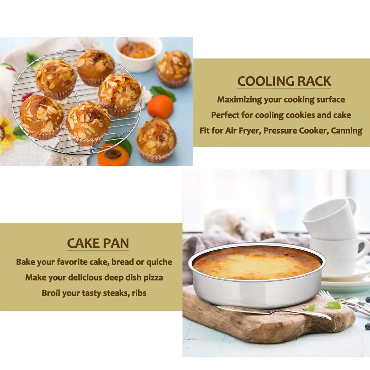 E-far 9½-inch Cake Pan with Rack Set, Stainless Steel Round Bakeware, 4 Pieces | Healthy & Dishwasher Safe - view 5