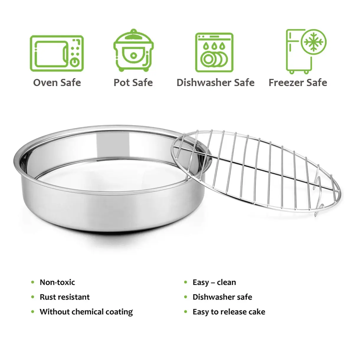 E-far 9½-inch Cake Pan with Rack Set, Stainless Steel Round Bakeware, 4 Pieces | Healthy & Dishwasher Safe - view 2
