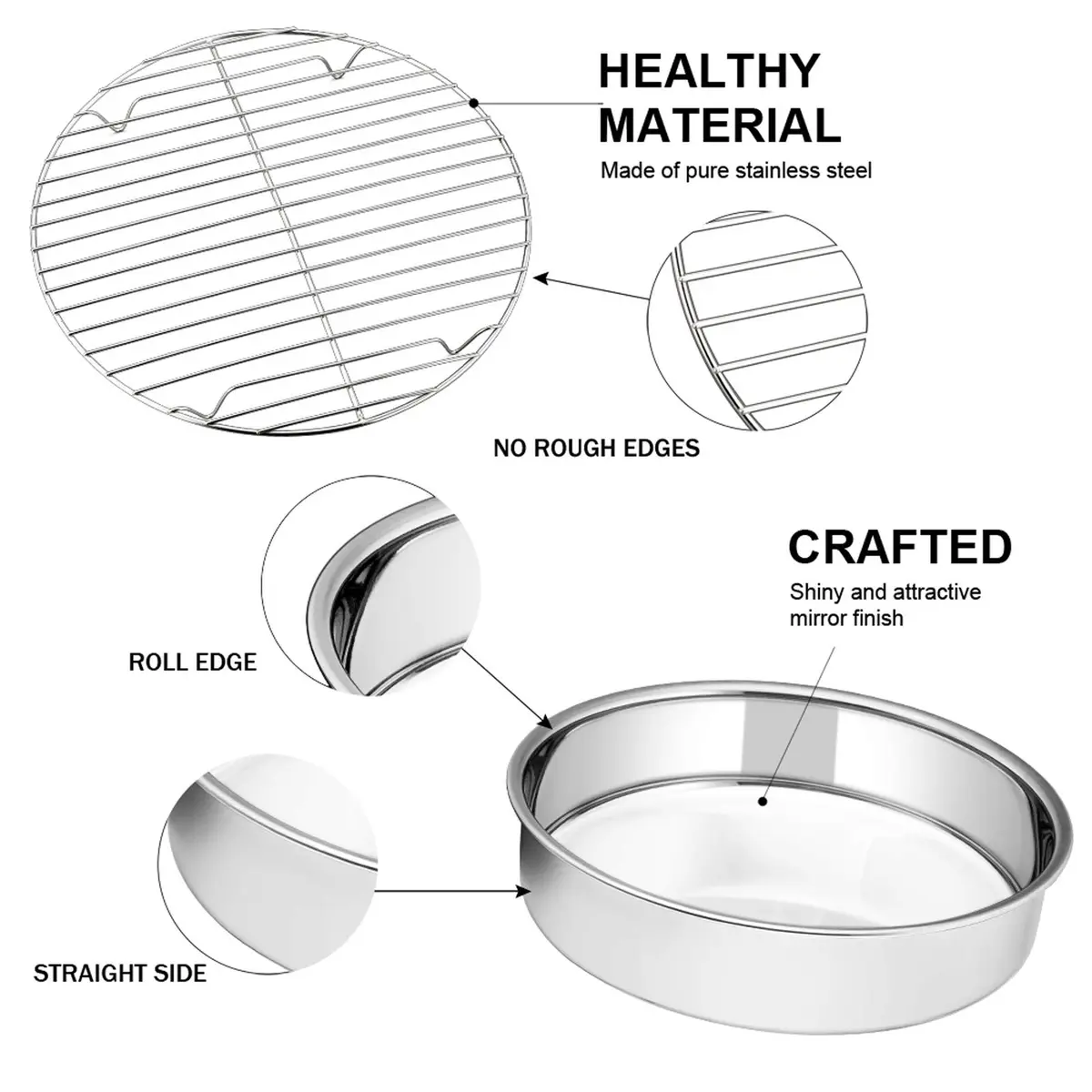 E-far 9½-inch Cake Pan with Rack Set, Stainless Steel Round Bakeware, 4 Pieces | Healthy & Dishwasher Safe - view 3