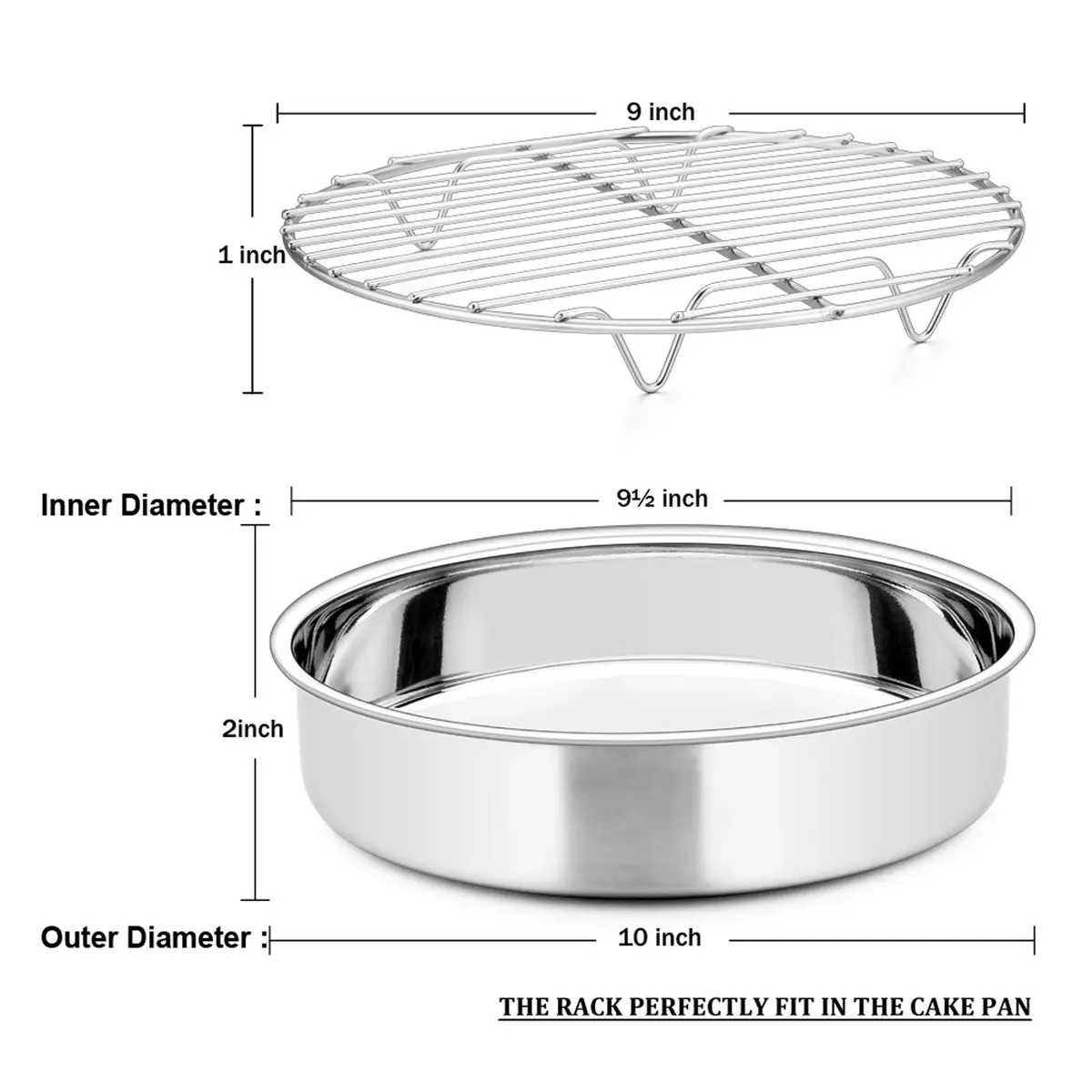 E-far 9½-inch Cake Pan with Rack Set, Stainless Steel Round Bakeware, 4 Pieces | Healthy & Dishwasher Safe - view 4