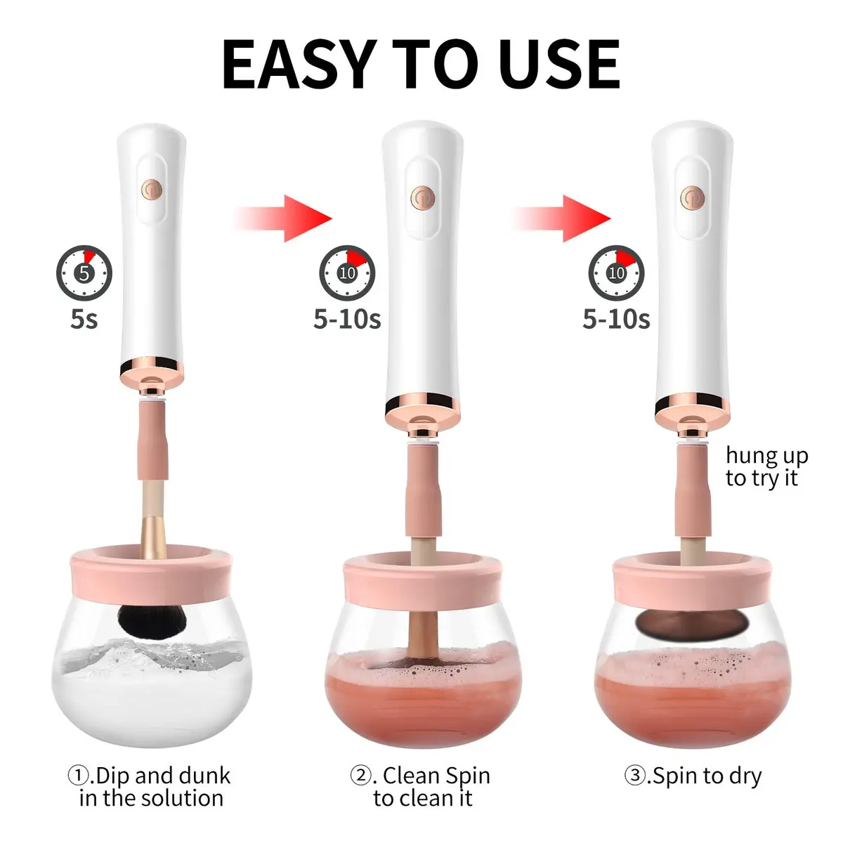Senbowe Makeup Brush Cleaner Dryer Machine | Deep Clean & Dry in Seconds, 8 Rubber Collars, Pink - view 5