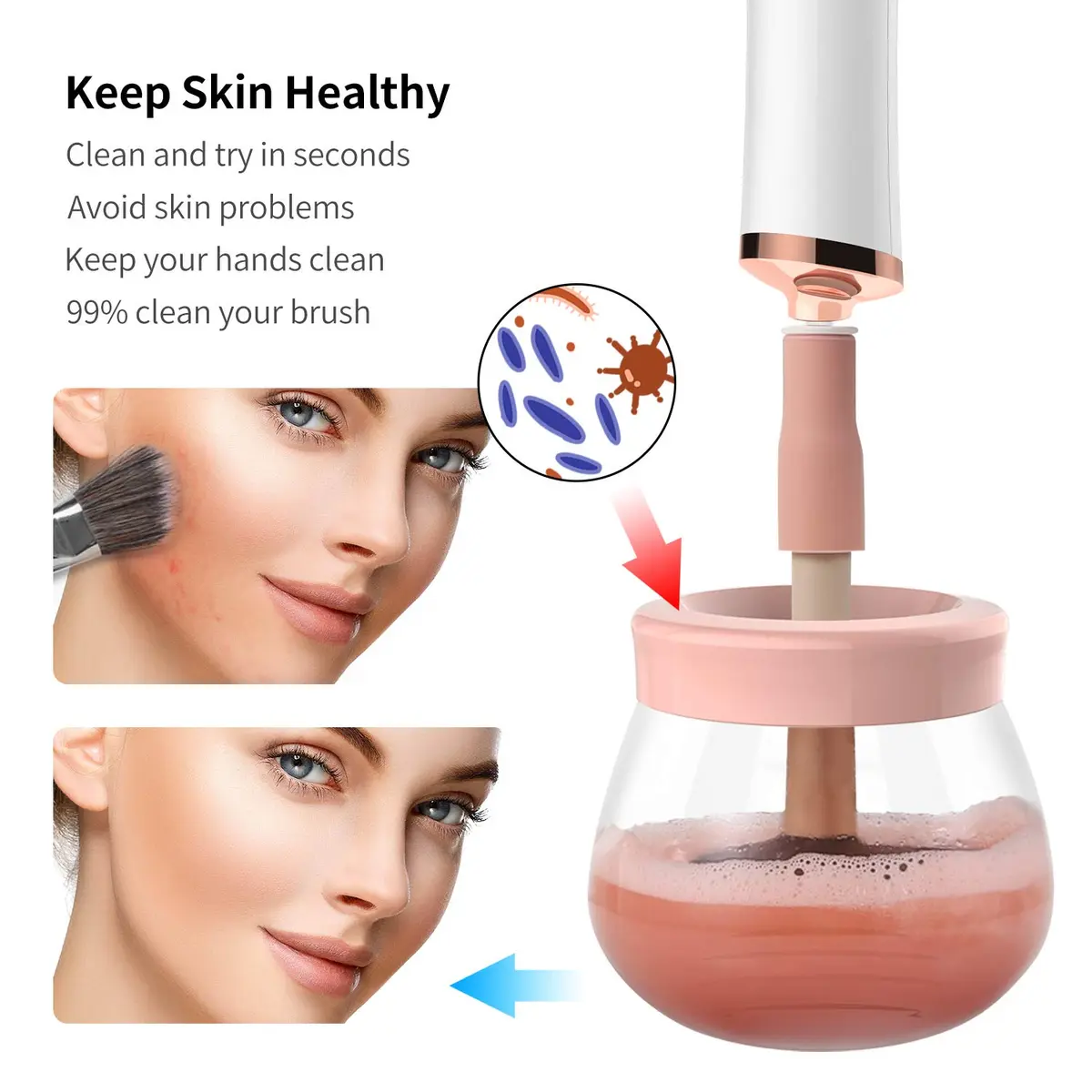 Senbowe Makeup Brush Cleaner Dryer Machine | Deep Clean & Dry in Seconds, 8 Rubber Collars, Pink - view 6