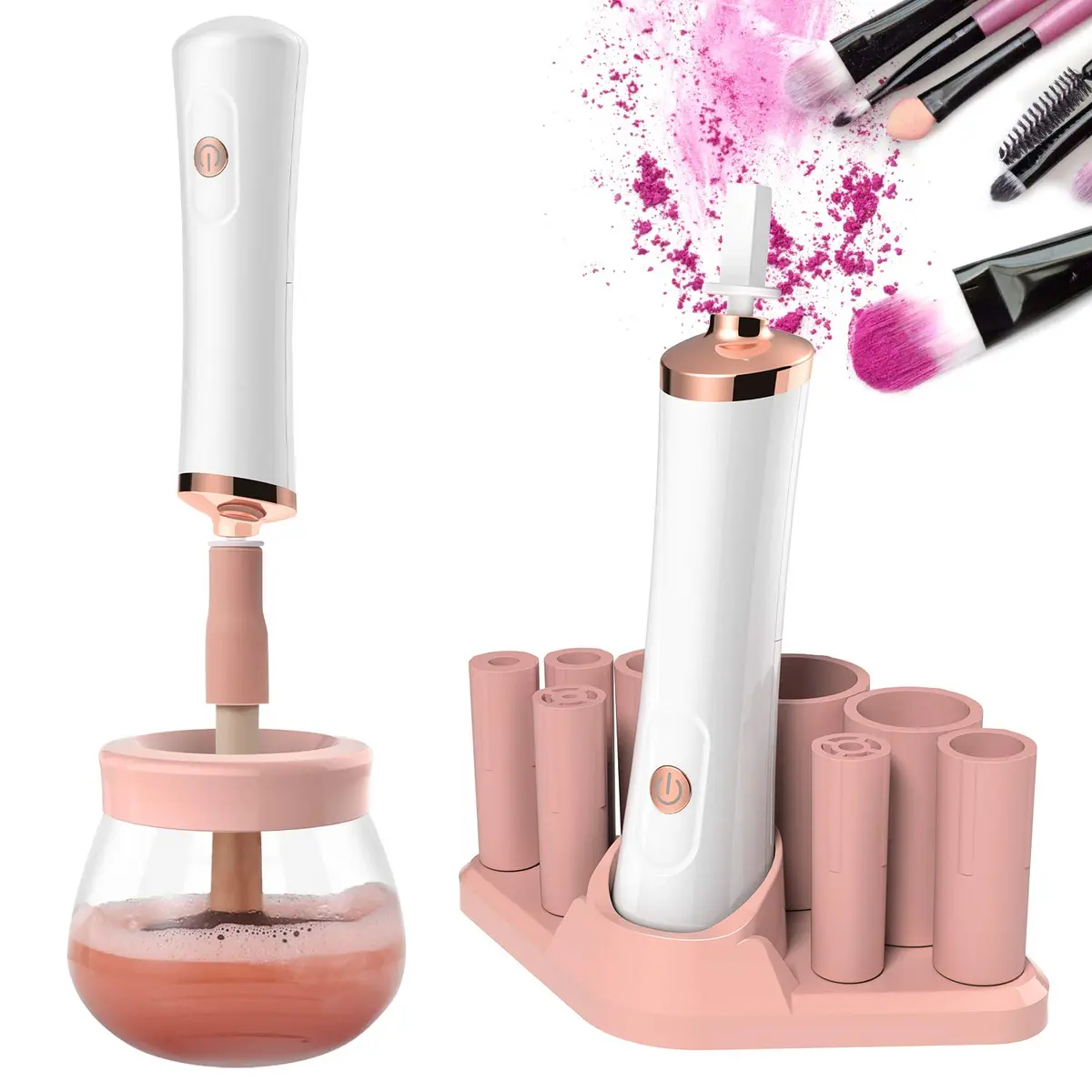 Senbowe Makeup Brush Cleaner Dryer Machine | Deep Clean & Dry in Seconds, 8 Rubber Collars, Pink - main product image
