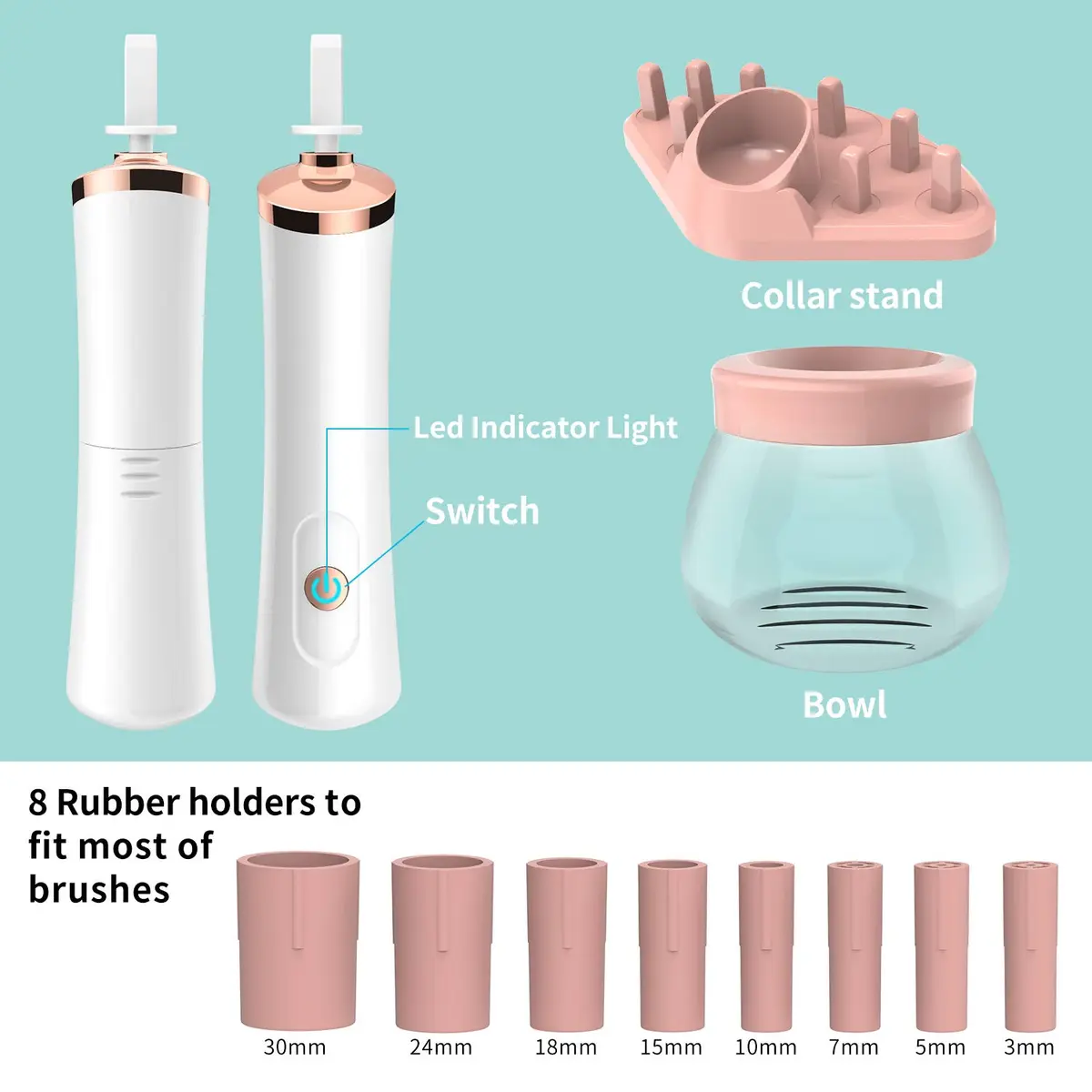 Senbowe Makeup Brush Cleaner Dryer Machine | Deep Clean & Dry in Seconds, 8 Rubber Collars, Pink - view 8