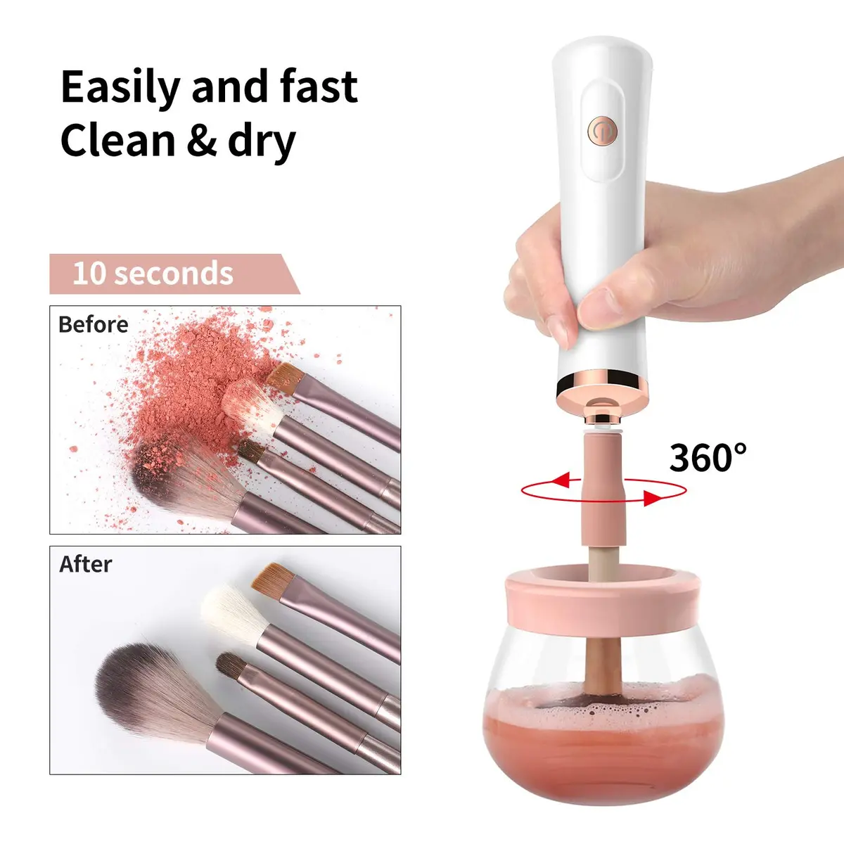 Senbowe Makeup Brush Cleaner Dryer Machine | Deep Clean & Dry in Seconds, 8 Rubber Collars, Pink - view 2