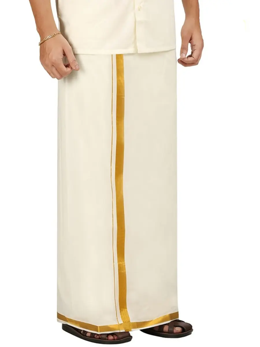 PRAKASAM COTTON Men's Double Dhoti with Gold Jari Border 1.30x3.80 mtrs | Traditional Indian Apparel - main product image