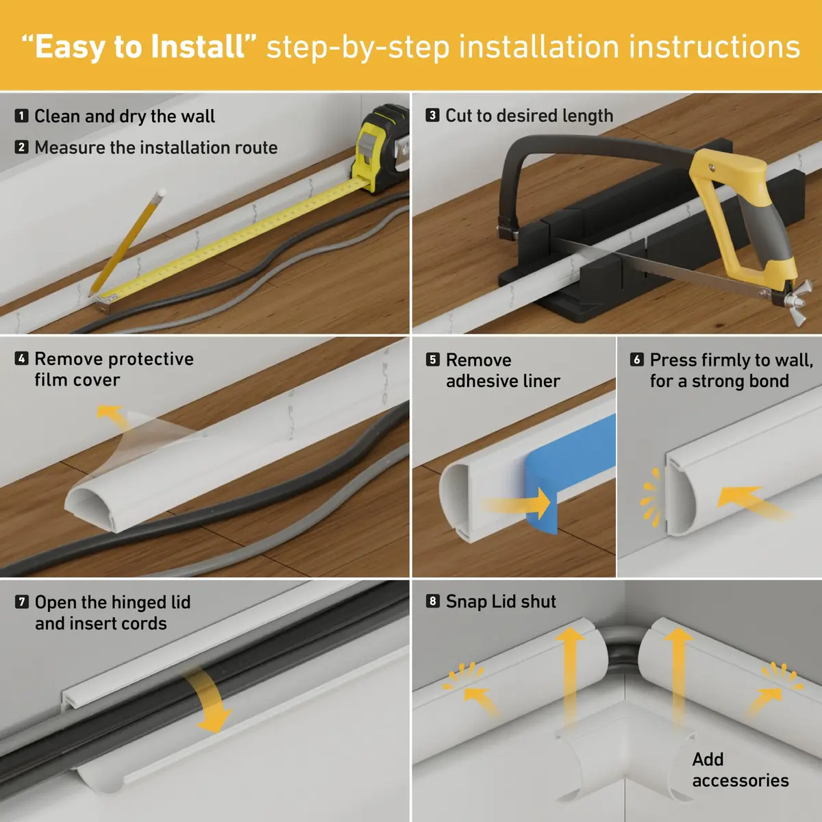 D-Line White Cord Cover Kit 13.08ft (4m) | Paintable Cable Raceway for Wall Wire Hiding - view 8