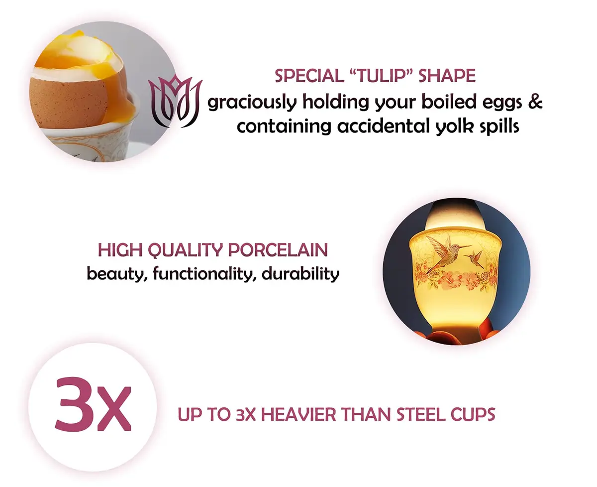 NobleEgg Egg Cups for Soft Boiled Eggs | Vintage Porcelain Holders & Stainless Steel Spoons - view 3