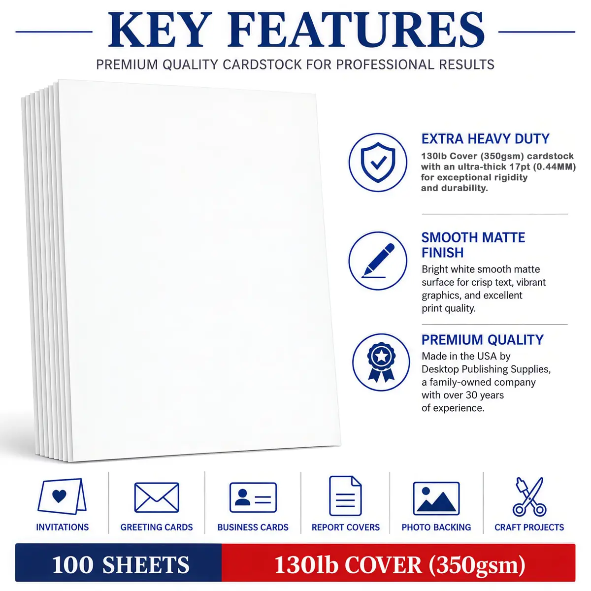 Desktop Publishing Supplies Extra Heavy Duty Bright White Cardstock 130lb Cover (350gsm) 8.5" x 11" - 100 Sheets | Ultra Heavy Matte Paper for Commercial Printing - view 3