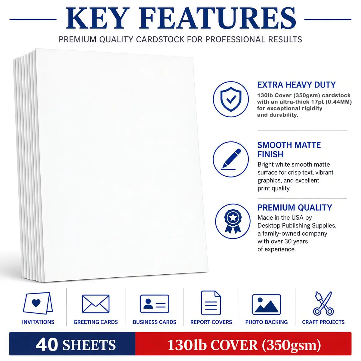Desktop Publishing Supplies Extra Heavy Duty Bright White Cardstock 130lb Cover (350gsm) 40 Sheets 8.5" x 11" | Commercial Printing & Invitations - view 3