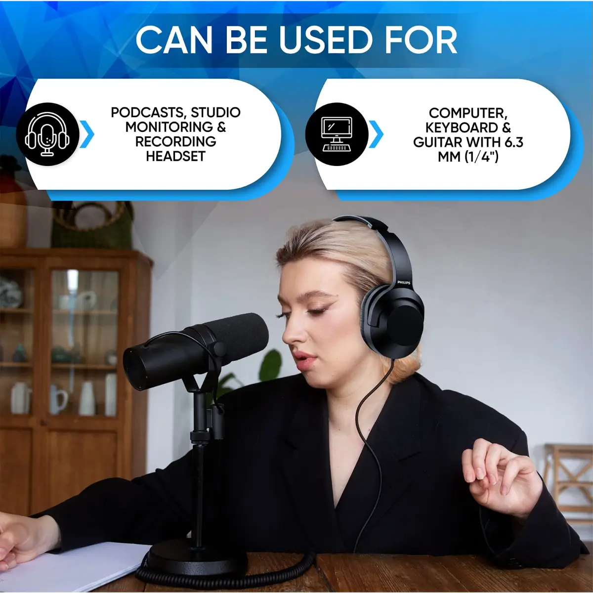 PHILIPS Over Ear Wired Stereo Headphones (2-Pack, Black) | Studio Monitoring & Recording Headset with 3.5mm & 6.3mm Adapters - view 5