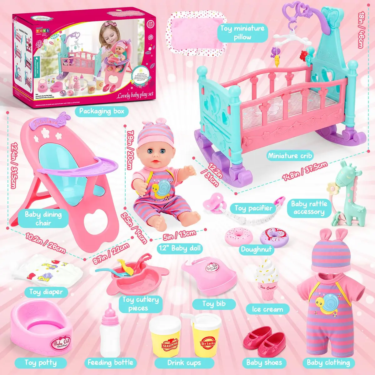deAO Baby Doll Play Set with Crib, High Chair & Accessories, 12" Doll | Ages 3+ - view 5