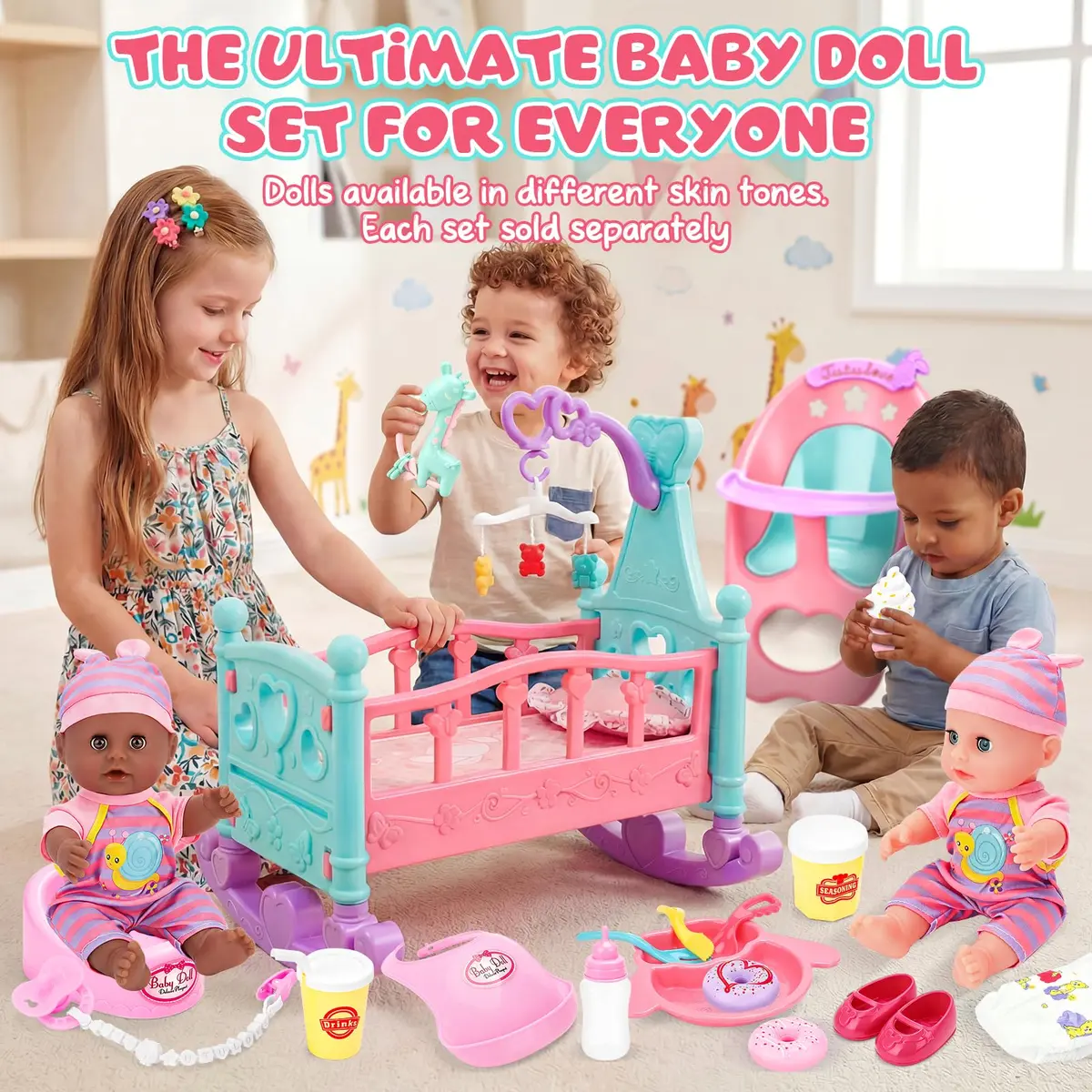 deAO Baby Doll Play Set with Crib, High Chair & Accessories, 12" Doll | Ages 3+ - view 6