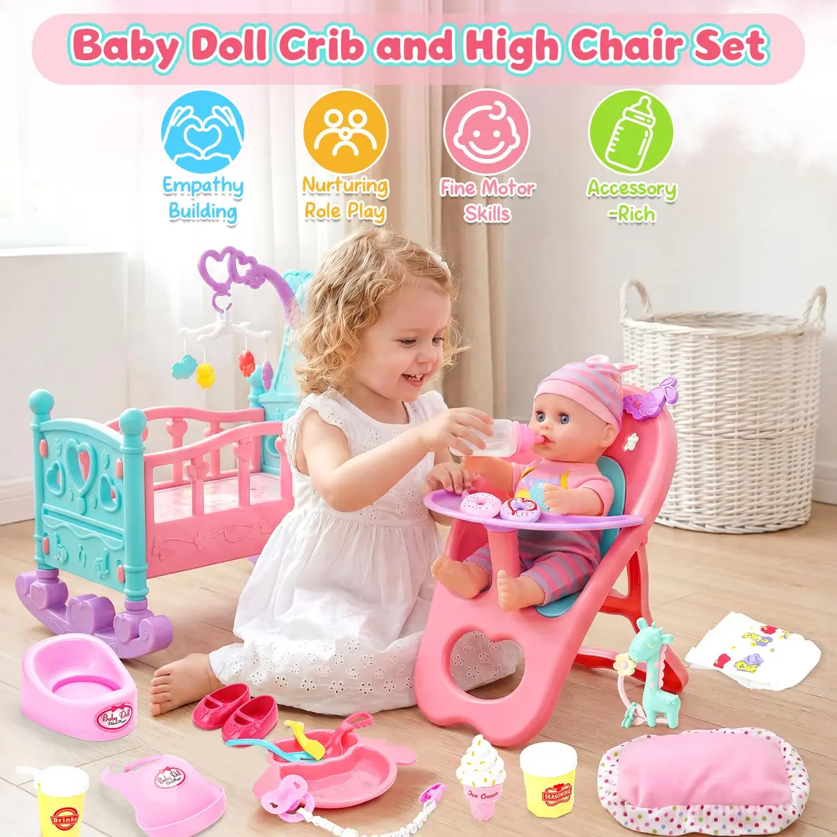 deAO Baby Doll Play Set with Crib, High Chair & Accessories, 12" Doll | Ages 3+ - view 2
