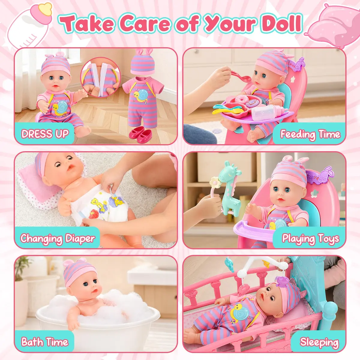 deAO Baby Doll Play Set with Crib, High Chair & Accessories, 12" Doll | Ages 3+ - view 3