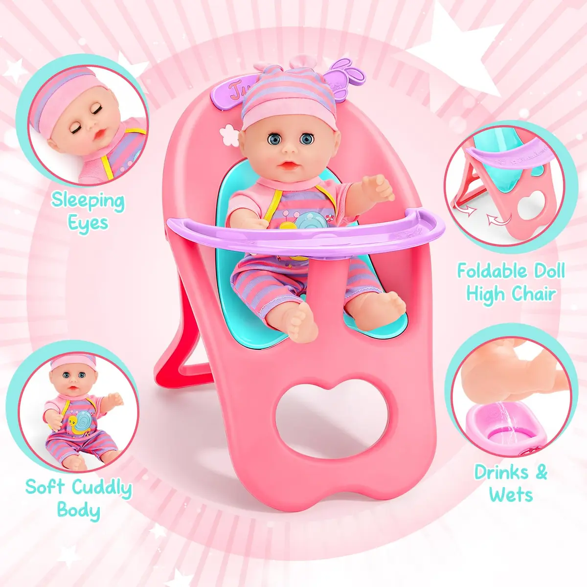 deAO Baby Doll Play Set with Crib, High Chair & Accessories, 12" Doll | Ages 3+ - view 4