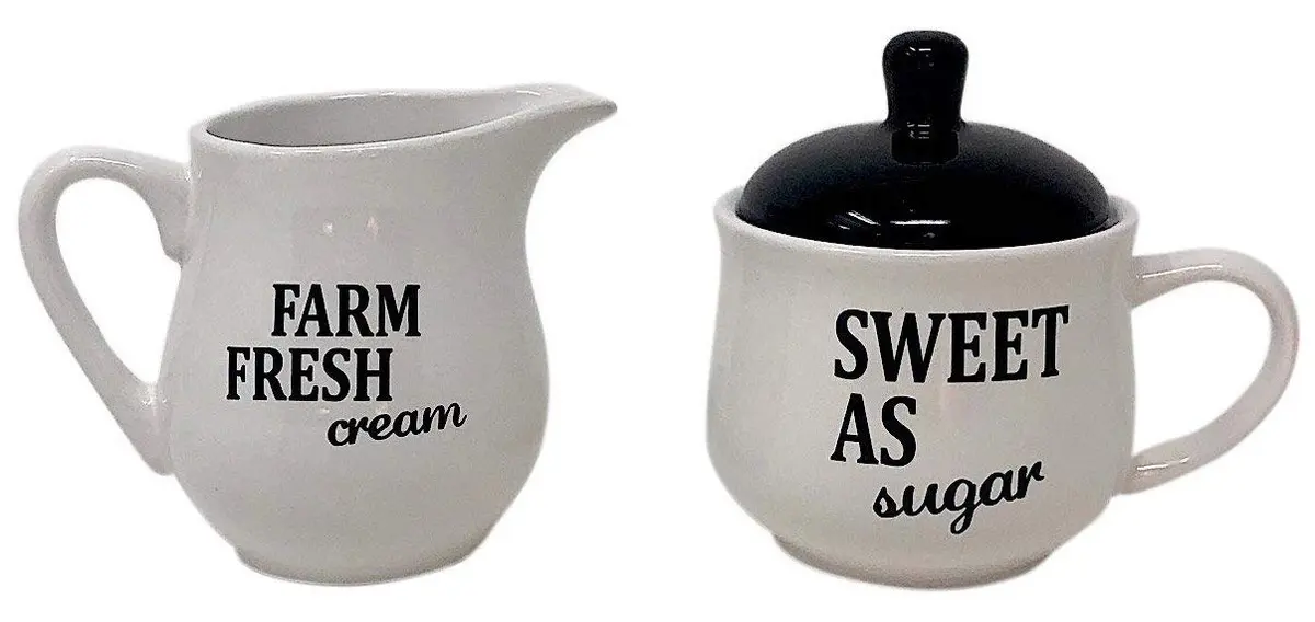 Homestyle Table Cream & Sugar Set Ceramic Farmhouse Decor | 9oz Creamer & 11oz Sugar Bowl, Black & White - main product image
