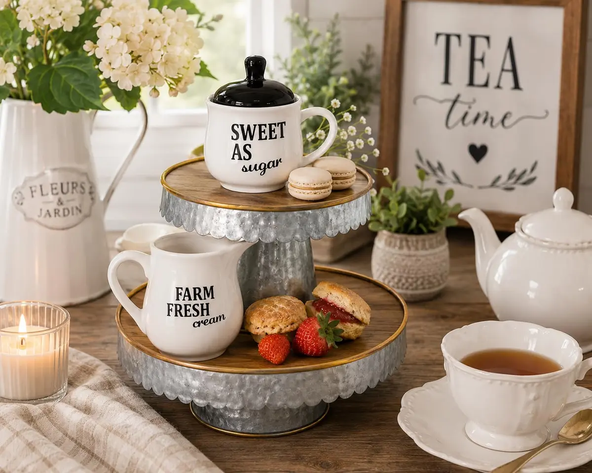 Homestyle Table Cream & Sugar Set Ceramic Farmhouse Decor | 9oz Creamer & 11oz Sugar Bowl, Black & White - view 6