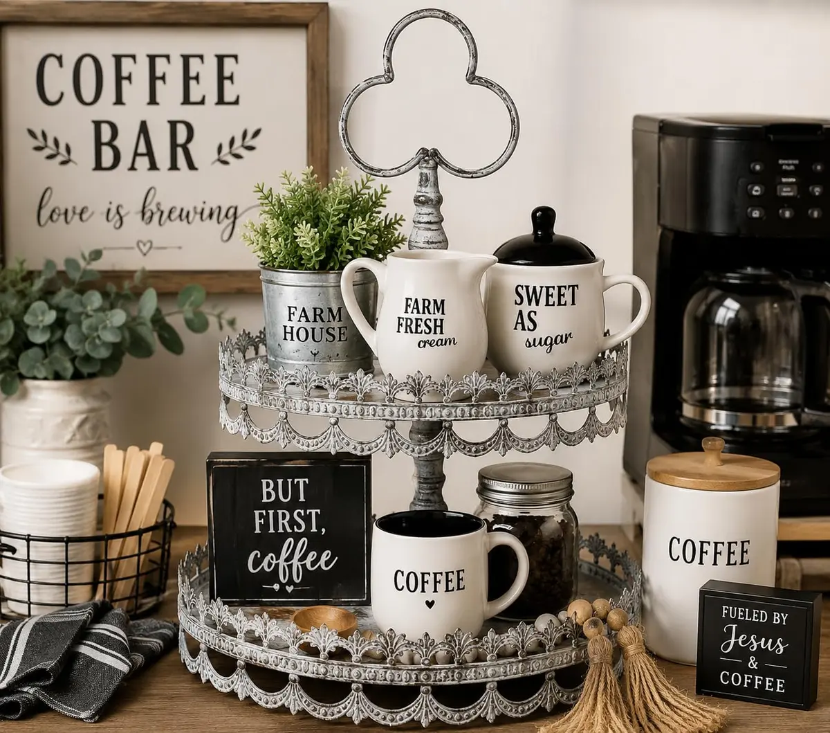 Homestyle Table Cream & Sugar Set Ceramic Farmhouse Decor | 9oz Creamer & 11oz Sugar Bowl, Black & White - view 4