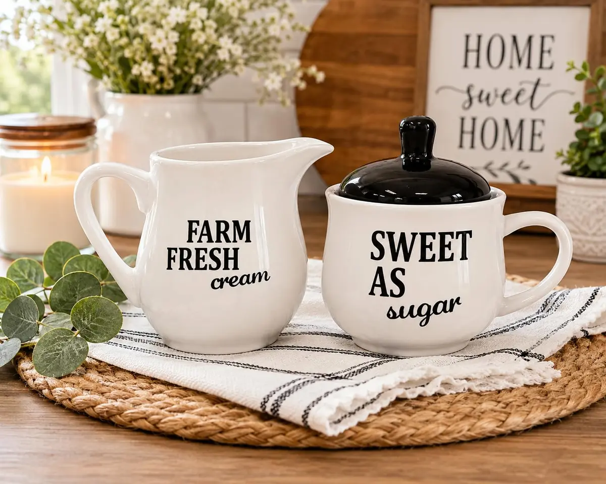 Homestyle Table Cream & Sugar Set Ceramic Farmhouse Decor | 9oz Creamer & 11oz Sugar Bowl, Black & White - view 5