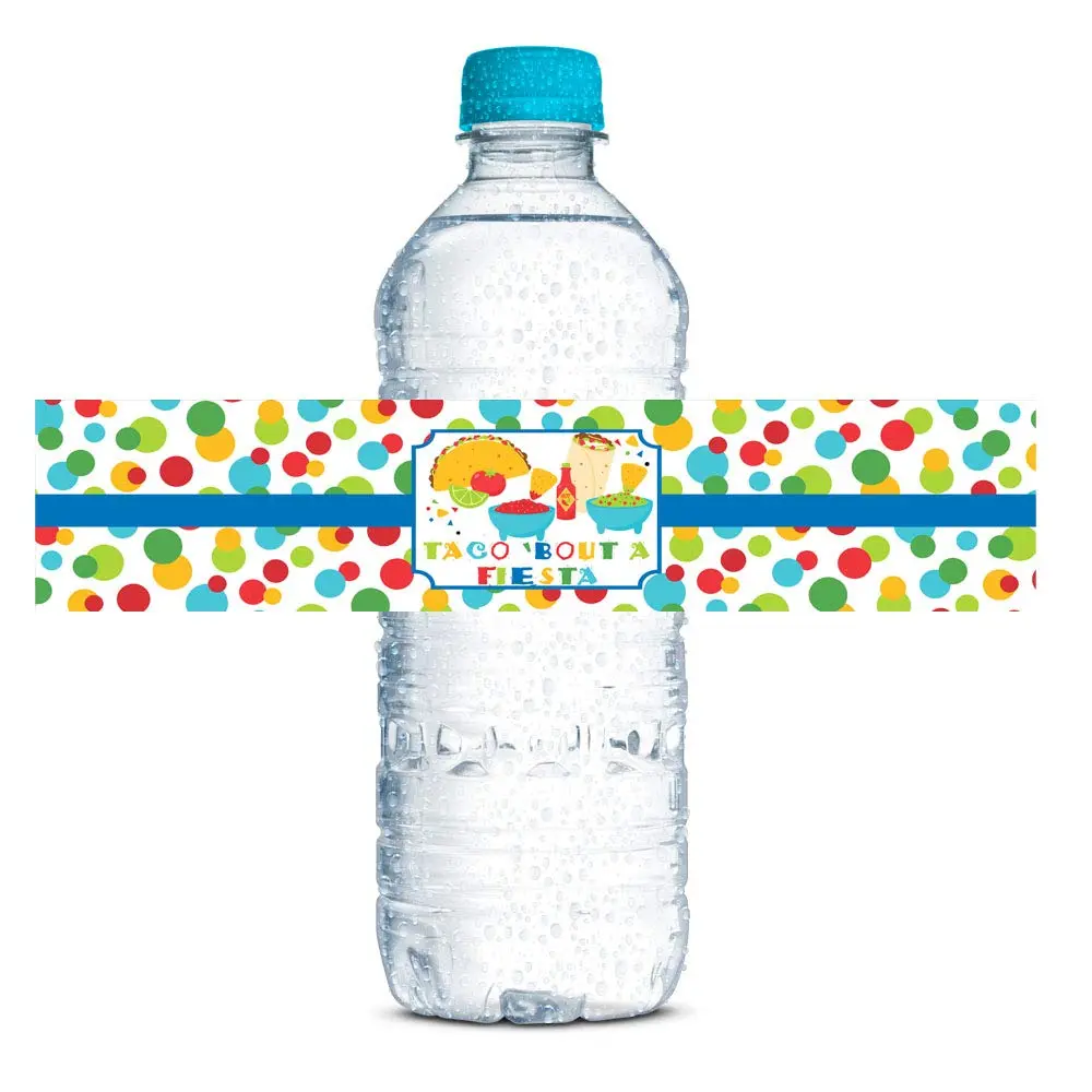 Amanda Creation Fiesta Water Bottle Labels, 20 Waterproof Vinyl 1.75 x 8.5 Inch Taco Bout a Party Mexican Birthday Wraps, Made in USA - main product image