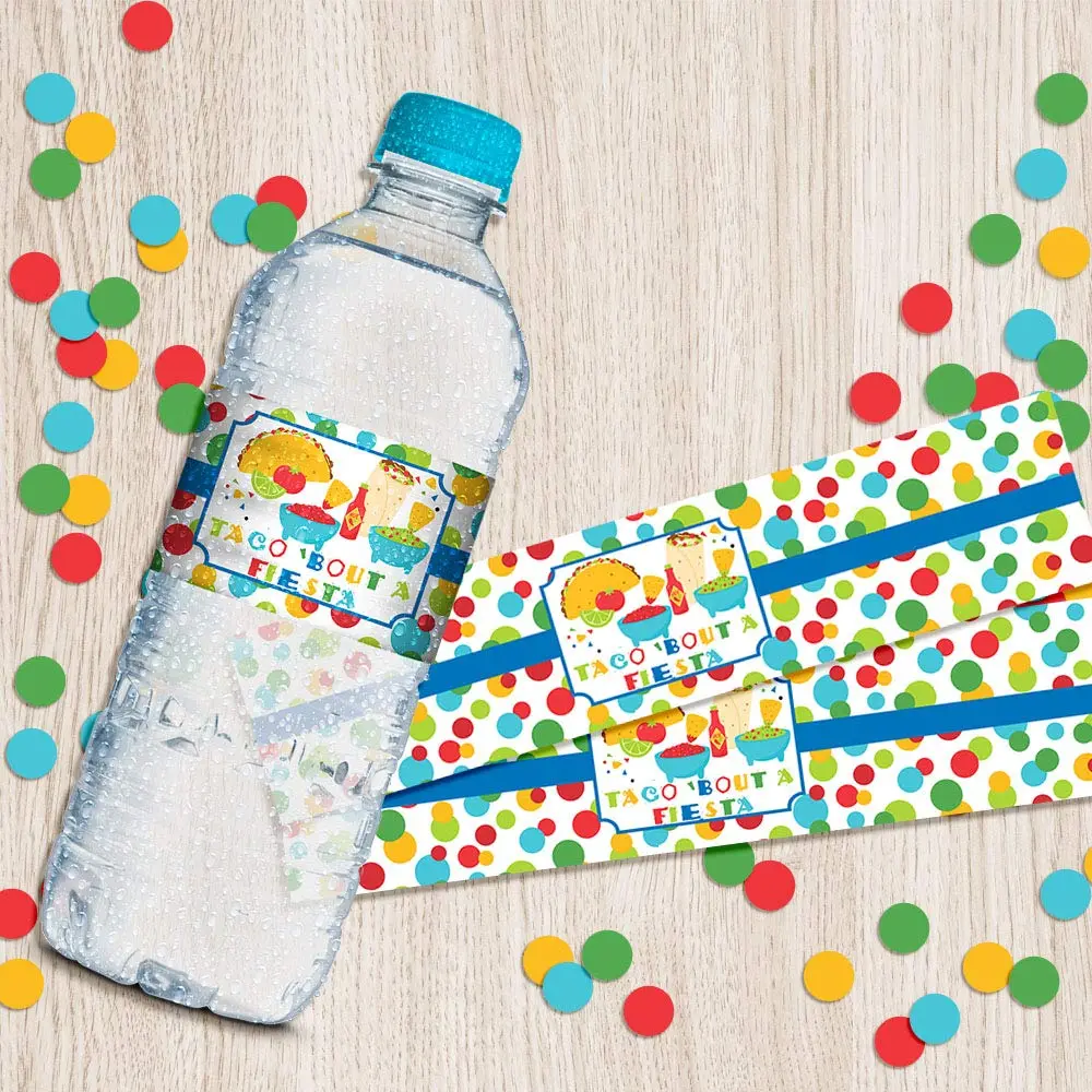 Amanda Creation Fiesta Water Bottle Labels, 20 Waterproof Vinyl 1.75 x 8.5 Inch Taco Bout a Party Mexican Birthday Wraps, Made in USA - view 5