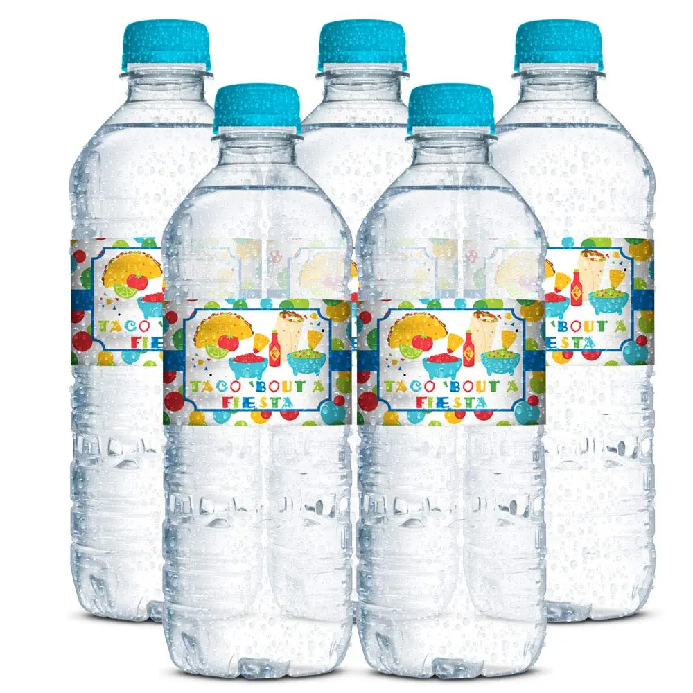 Amanda Creation Fiesta Water Bottle Labels, 20 Waterproof Vinyl 1.75 x 8.5 Inch Taco Bout a Party Mexican Birthday Wraps, Made in USA - view 3