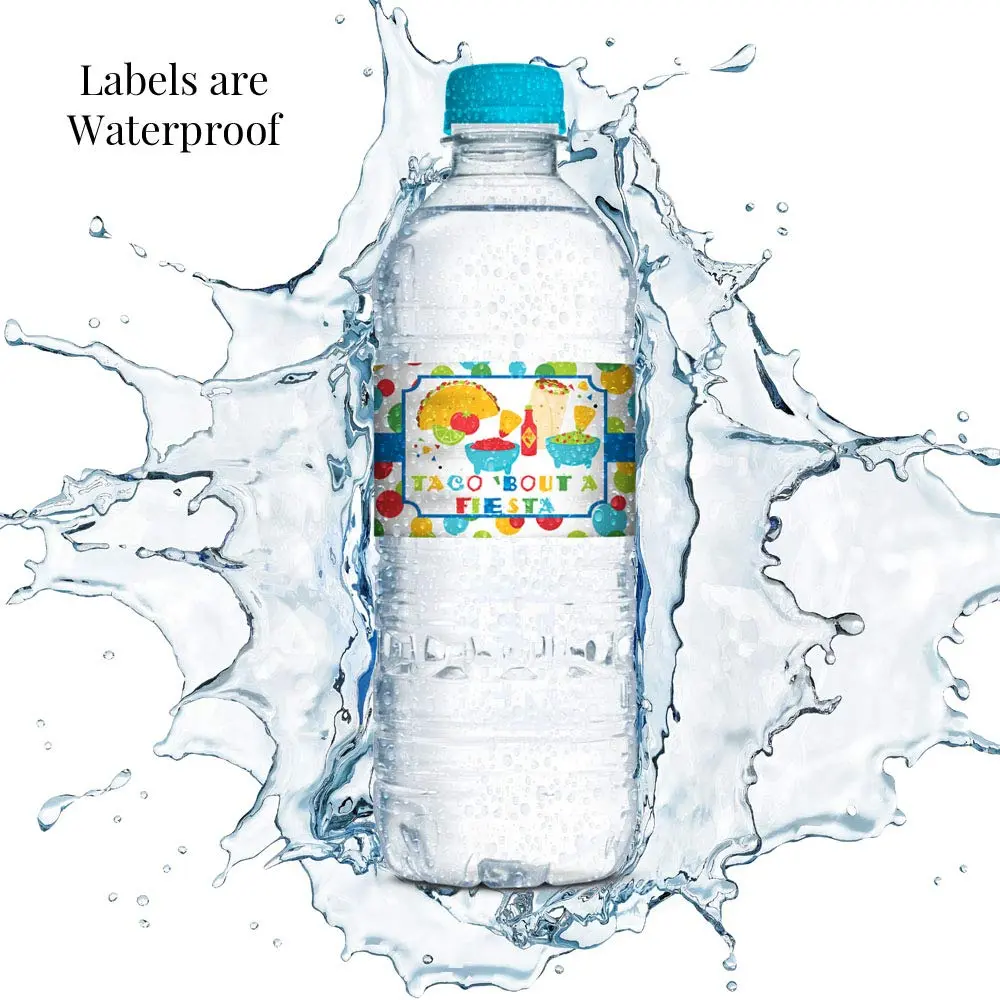 Amanda Creation Fiesta Water Bottle Labels, 20 Waterproof Vinyl 1.75 x 8.5 Inch Taco Bout a Party Mexican Birthday Wraps, Made in USA - view 4