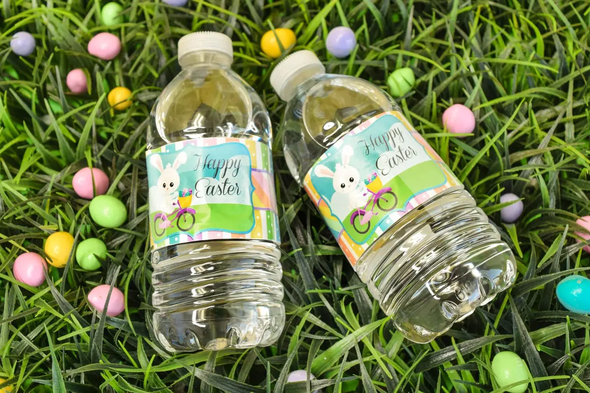 Amanda Creation Egg-celent Easter Water Bottle Wrappers 20 Pack 1.75"x8.5" | Waterproof Labels for Parties - view 2