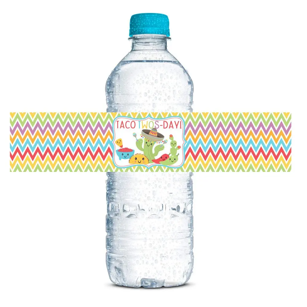 Amanda Creation Taco TWOS-Day Second Birthday Fiesta Party Waterproof Water Bottle Sticker Wrappers | 20 Labels, 1.75" x 8.5" - main product image