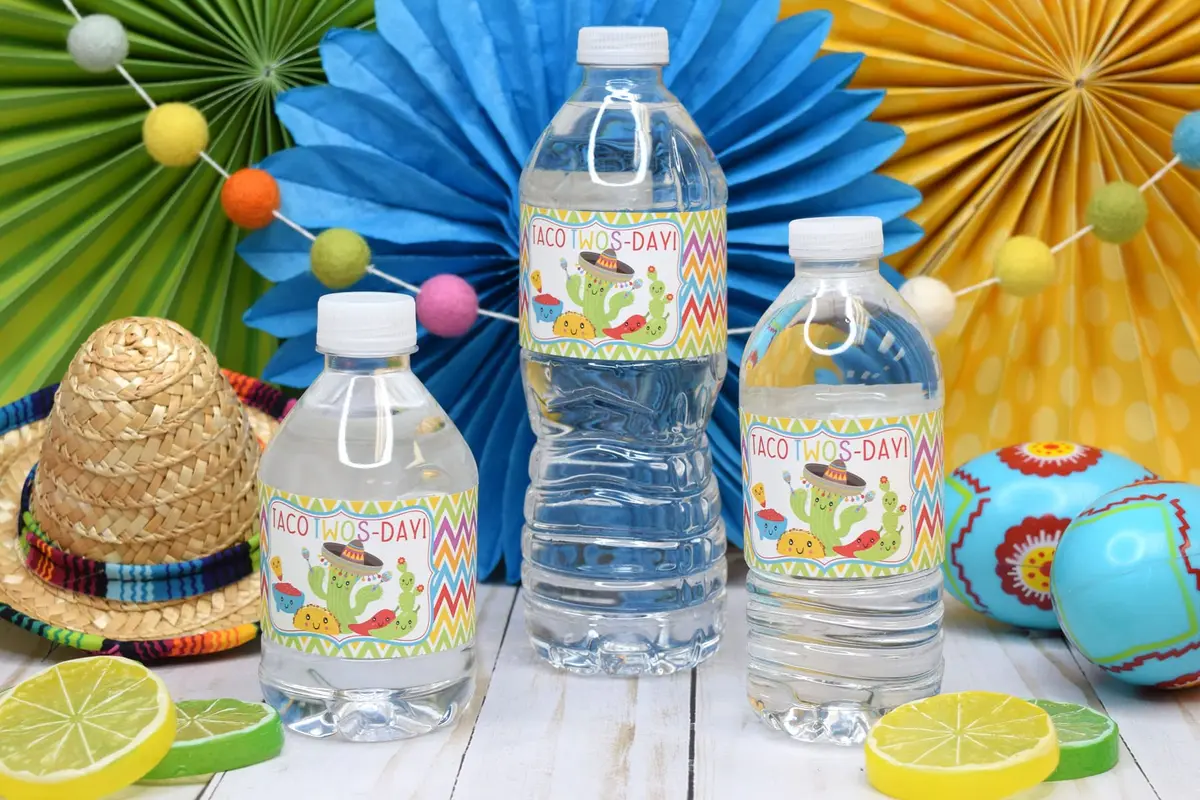 Amanda Creation Taco TWOS-Day Second Birthday Fiesta Party Waterproof Water Bottle Sticker Wrappers | 20 Labels, 1.75" x 8.5" - view 2