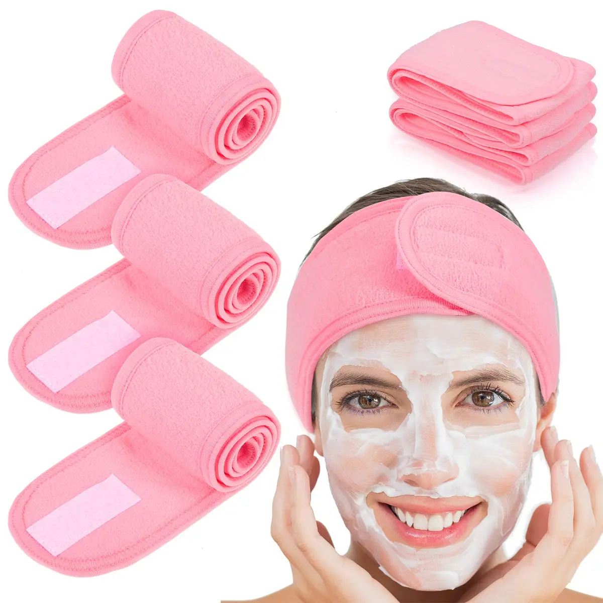 Whaline Pink Spa Headband 4 Pcs | Soft Terry Cloth, Adjustable & Reusable for Facial & Makeup - main product image