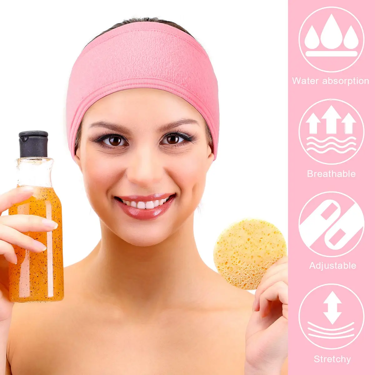Whaline Pink Spa Headband 4 Pcs | Soft Terry Cloth, Adjustable & Reusable for Facial & Makeup - view 5