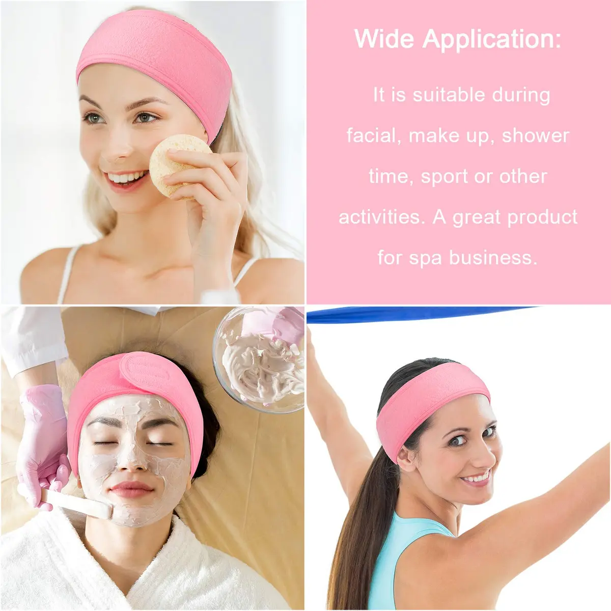 Whaline Pink Spa Headband 4 Pcs | Soft Terry Cloth, Adjustable & Reusable for Facial & Makeup - view 6